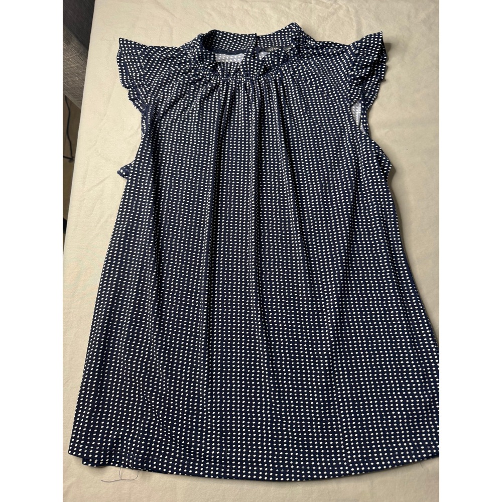 Adrianna Papell Navy Blue Polka Dot Ruffle Neck Sleeveless Blouse Medium
